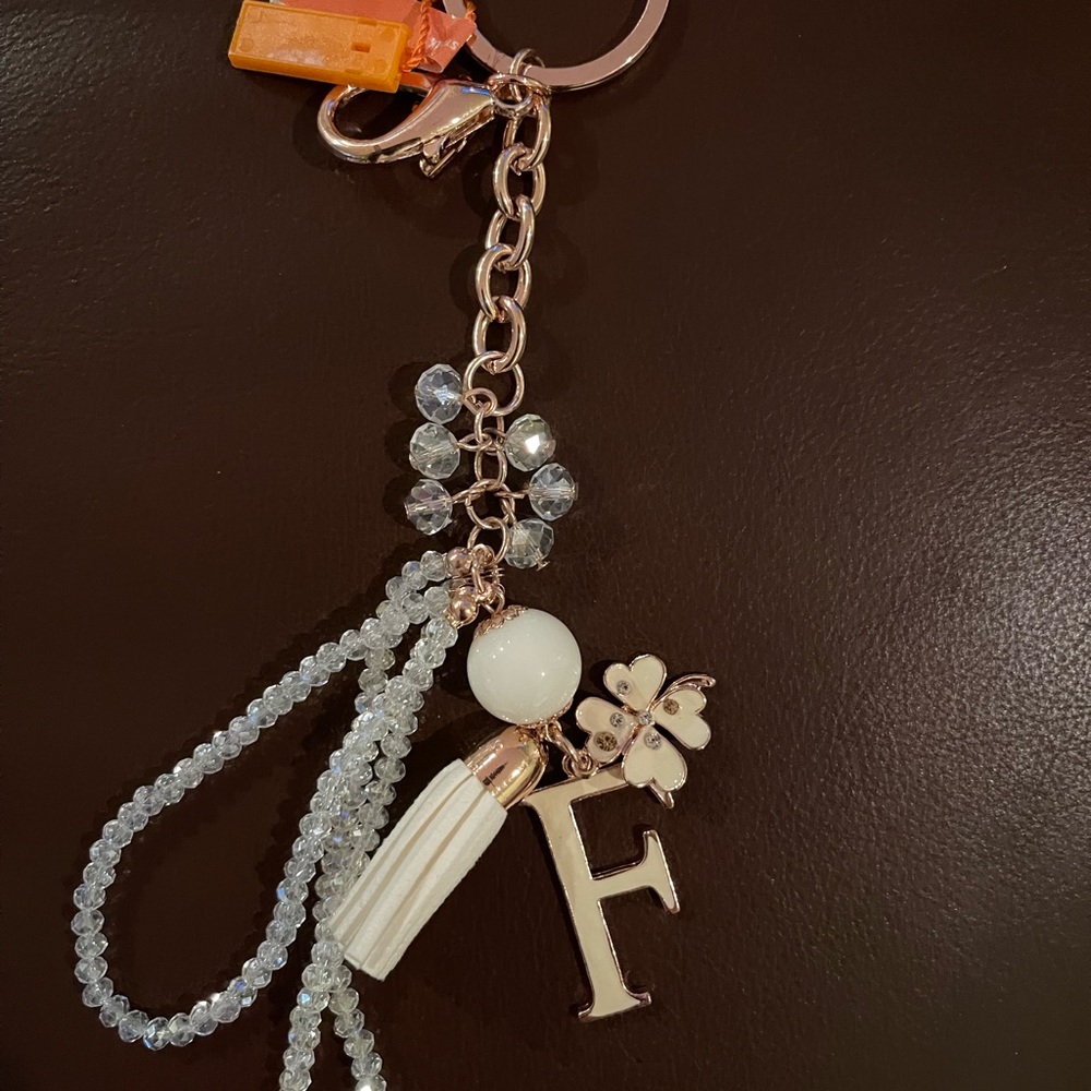 Folli Follie key F charm key chain with crystals and leather trim